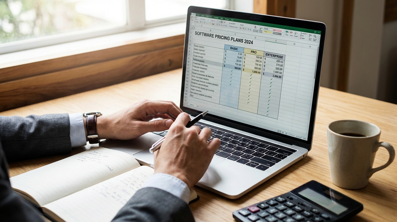 Business owner comparing dumpster rental software pricing plans on a laptop with a cost spreadsheet visible.