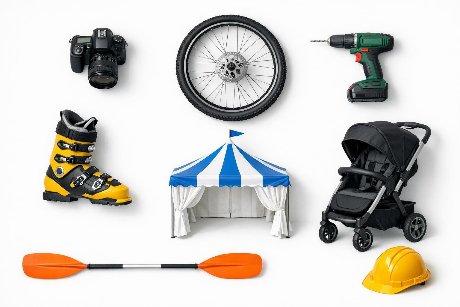 Flat lay collage of diverse rental business items including cameras, power tools, sports gear, and party supplies on a white background.