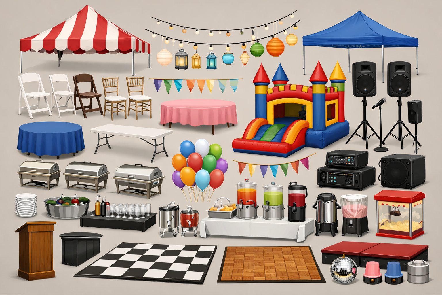 An organized display of various party rental equipment including tents, chairs, tables, lighting, sound gear, inflatables, balloons, and catering supplies.