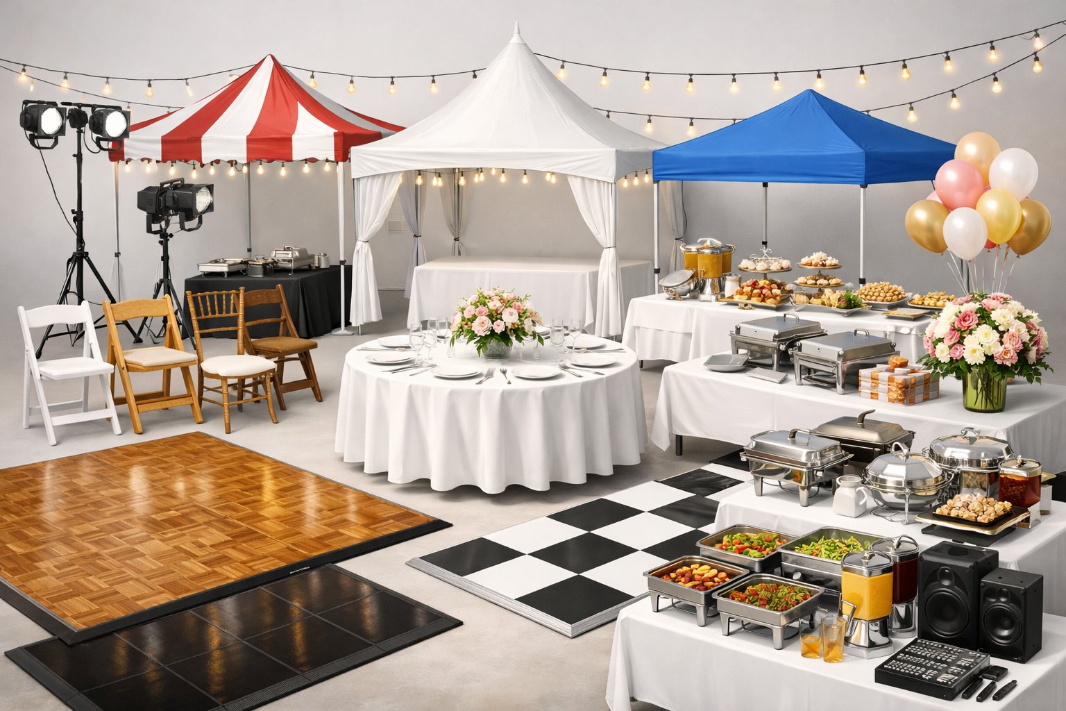 A collection of various party rental equipment including tables, chairs, tents, lighting, sound systems, and catering stations arranged neatly.