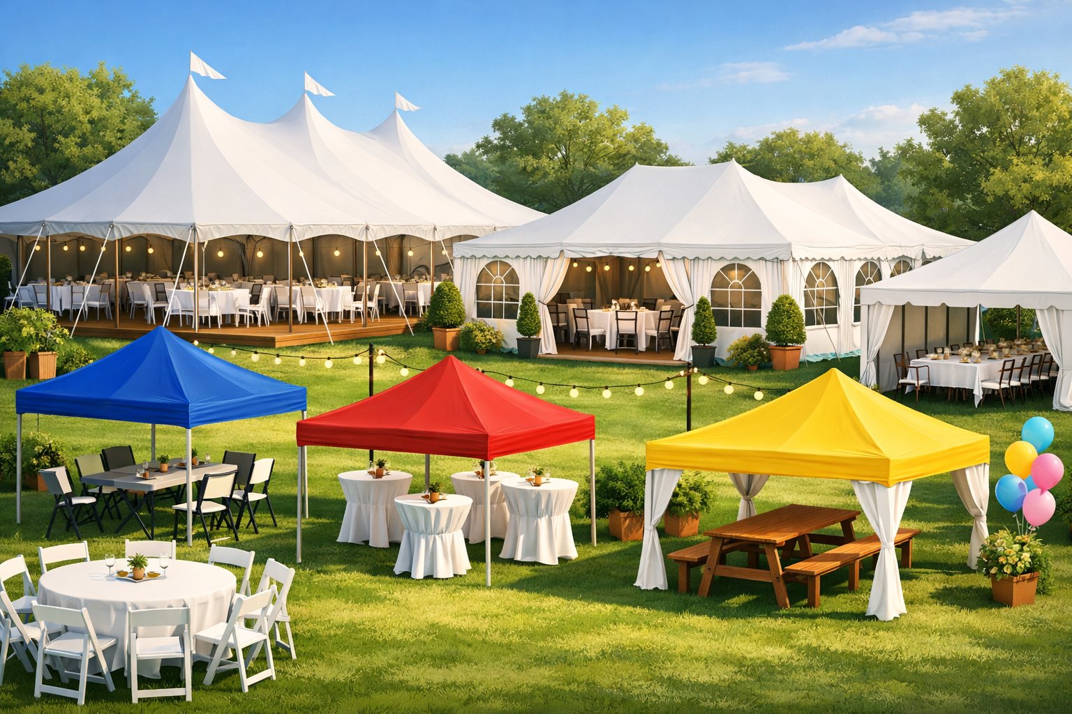 Outdoor scene with various tents and canopies set up for a party, including large event tents and colorful pop-up canopies with tables and chairs underneath.