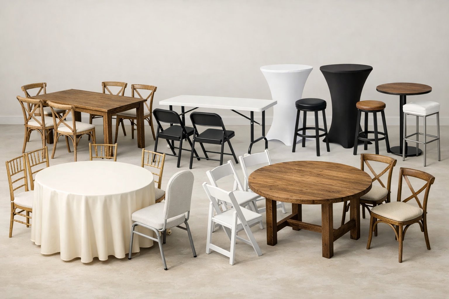 Various tables and chairs arranged to show party seating and table rental options.
