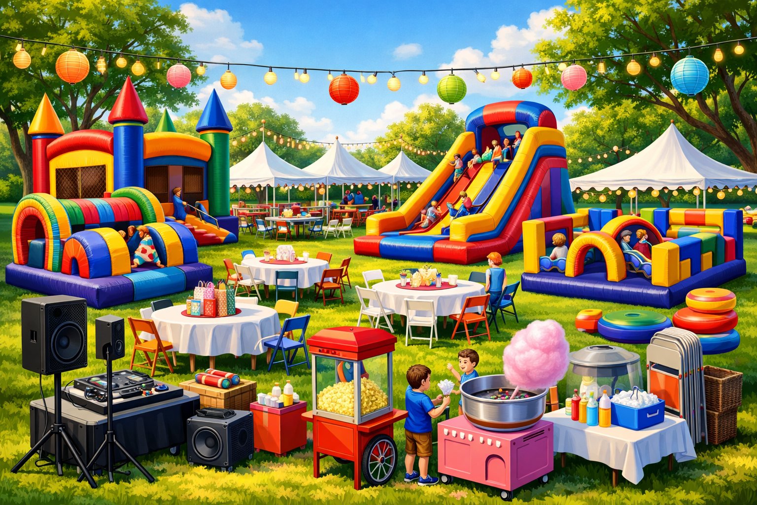 An outdoor scene with party rental equipment including bounce houses, inflatable slides, tables with chairs, tents, and party machines, with children and families enjoying the activities.