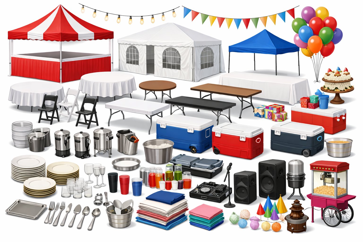An organized display of various party rental equipment including tents, chairs, tables, lights, coolers, sound systems, and decorations arranged neatly.