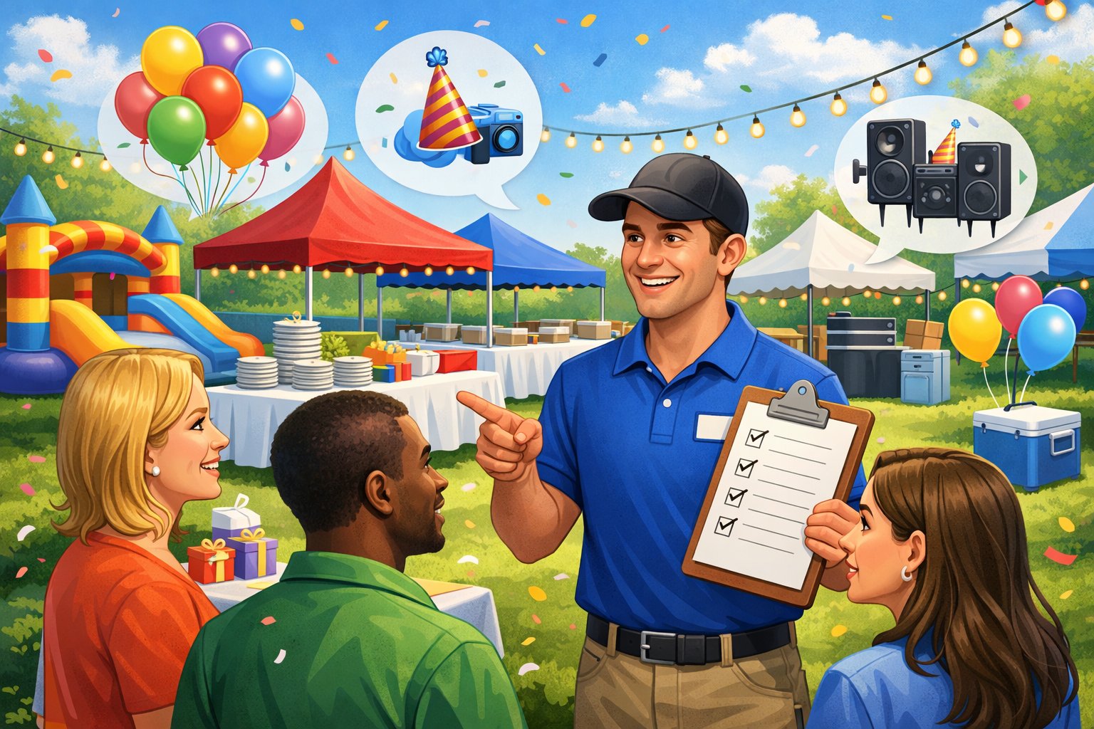 A person helping a group of people with party rental equipment in an outdoor event setting with tents, tables, chairs, and decorations.