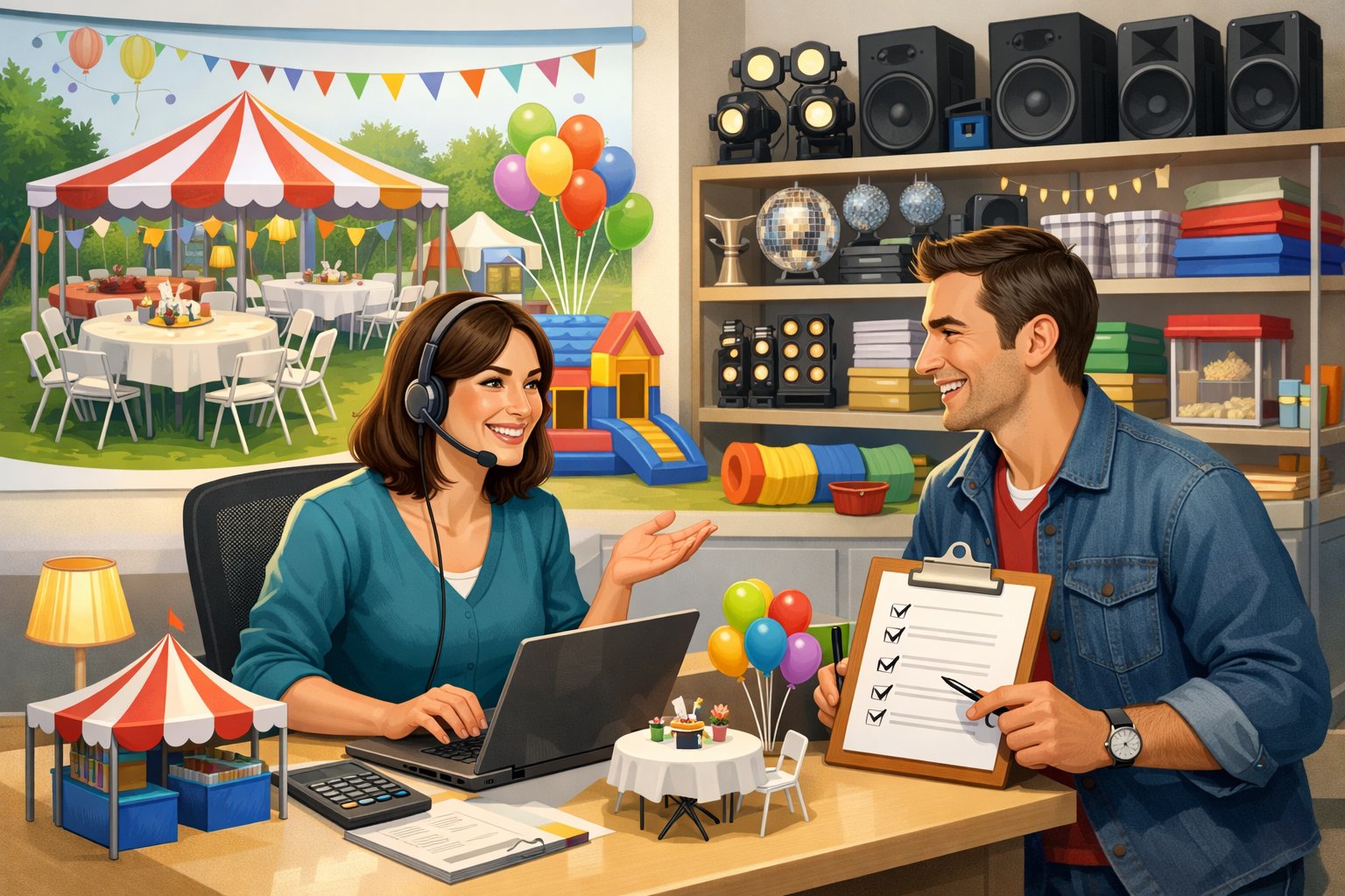 A customer service representative assisting a client with party rental arrangements in an office filled with party equipment and decorations.