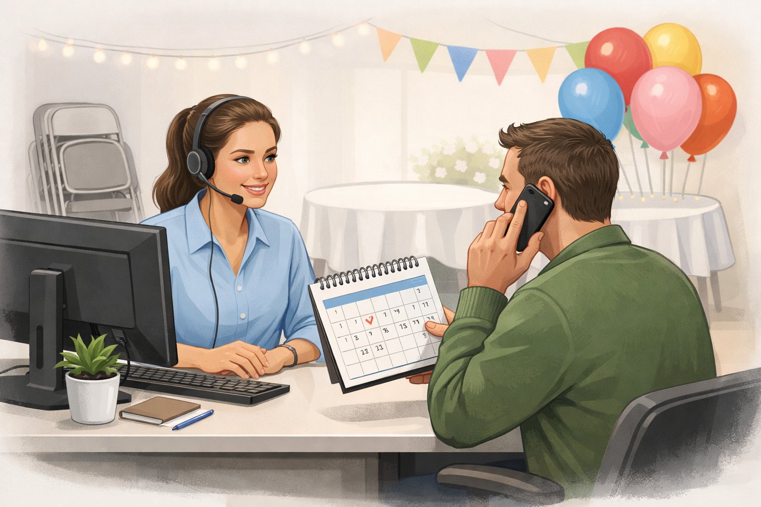 A customer service representative helps a client with a party rental reservation at a desk with party decorations in the background.