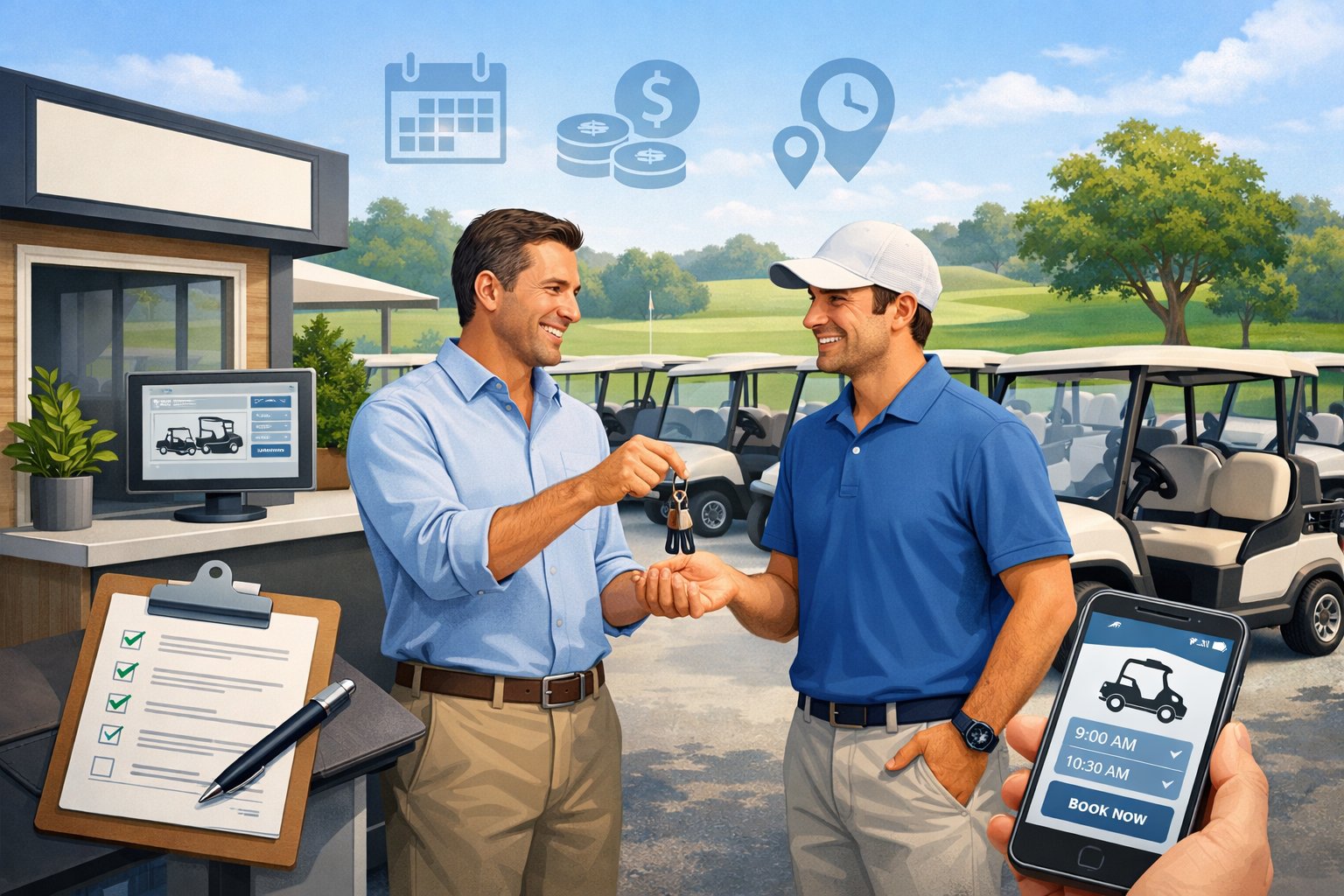 A person handing over keys to a customer at a golf cart rental lot with several golf carts parked and a small office booth nearby, set against a golf course background.