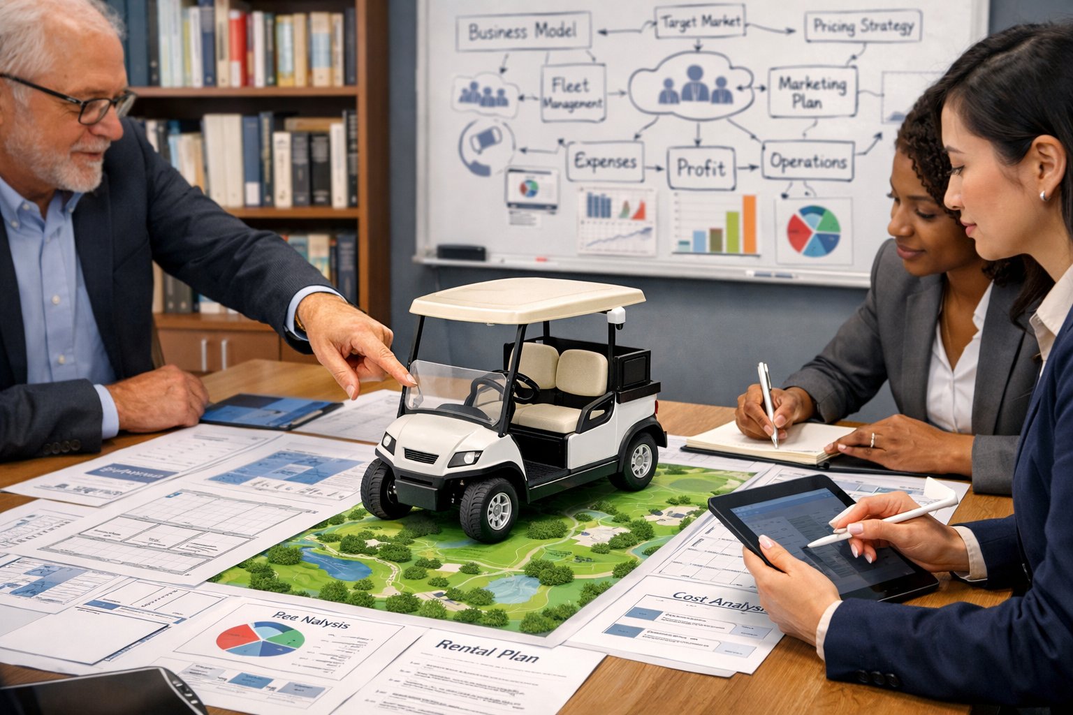 A group of professionals collaborating around a table with golf cart models, blueprints, and business charts in an office setting.