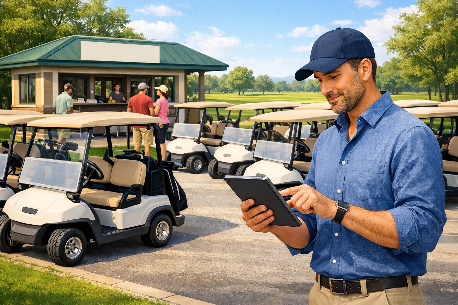 A person managing a fleet of golf carts parked outdoors near a small rental office with customers nearby.