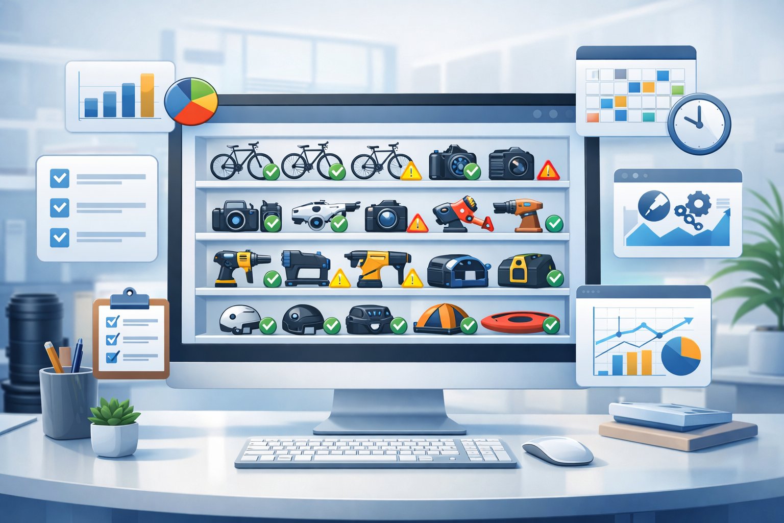 A computer screen displaying a rental inventory management software interface with icons of rental items and status indicators, surrounded by charts and calendar widgets in a bright office setting.