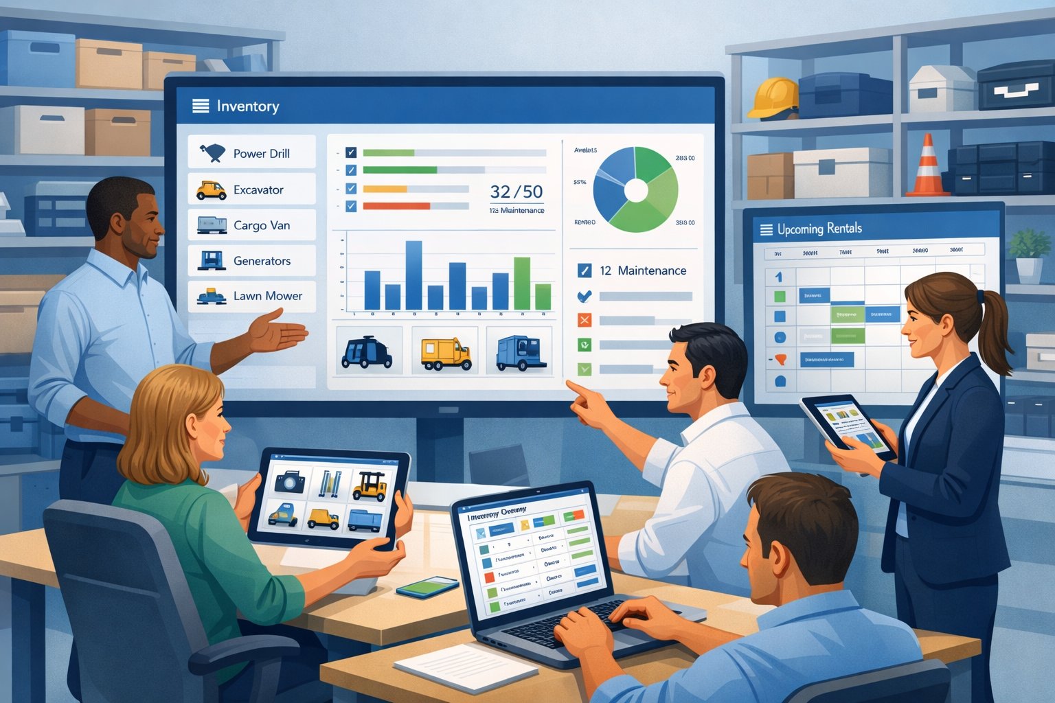 An office scene with people using digital devices to manage and organize rental inventory items displayed on screens and shelves.