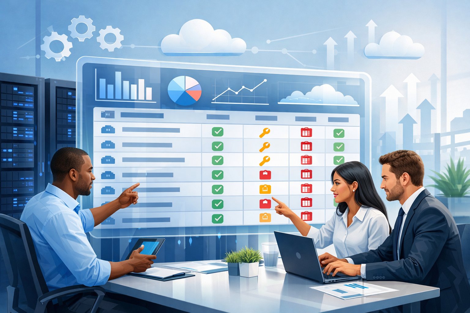 A group of professionals collaborating around a digital dashboard showing rental inventory data and growth indicators in a modern office setting.