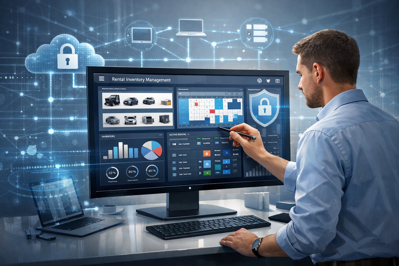A professional at a desk interacting with a computer displaying digital dashboards and secure data connections related to rental inventory management.