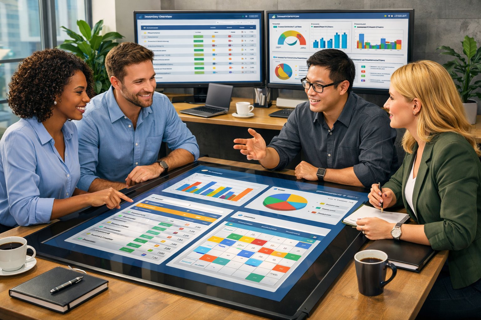 A team of professionals working together around a touchscreen table displaying rental inventory software dashboards in a modern office.